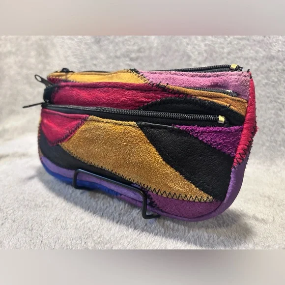 Vtg 80s La Covina Multicolored Recycled Leather Patchwork Shoulder Bag w/ Wallet - Picture 10 of 16